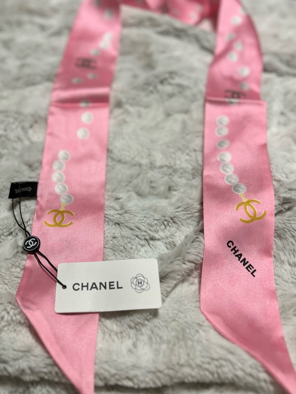 C Pink Silk  pearl Logo-Twilly Scarf gorgeous